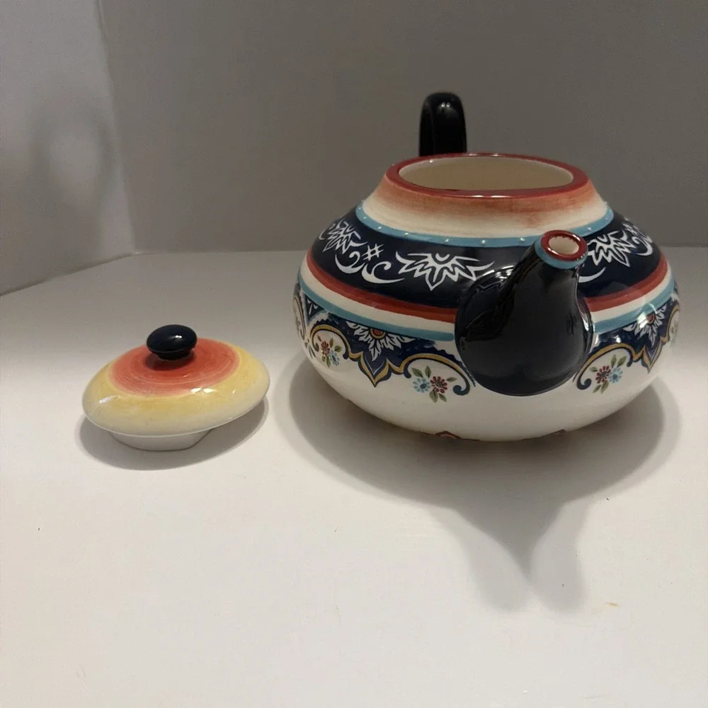 Bella Casa by Ganz Ceramic Teapot Boho Floral Navy Blue BC12812
